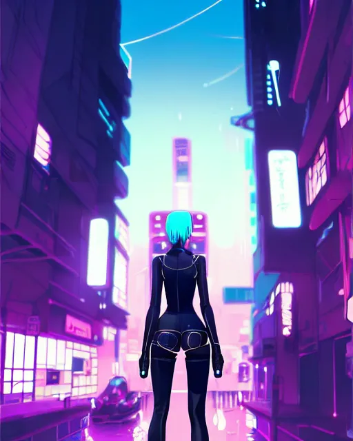 Image similar to digital illustration of cyberpunk pretty girl with blue hair, wearing a black dominatrix outfit, in city street at night, by makoto shinkai, ilya kuvshinov, lois van baarle, rossdraws, basquiat