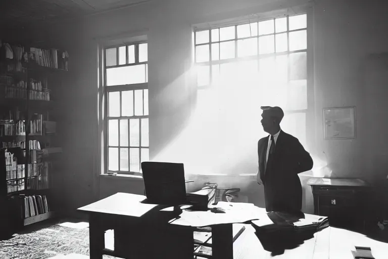 Image similar to a 1 9 5 0 s detective in his office, sunbeams streaming through the window