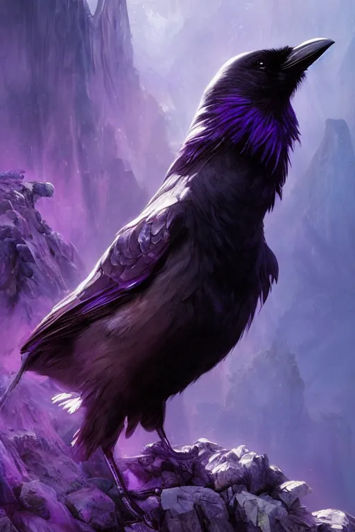 Image similar to portrait of a beautiful one raven perched on purple crystals that are glowing in a misty valley, establishing shot, extremly high detail, foto realistic, cinematic lighting, by yoshitaka amano, ruan jia, kentaro miura, artgerm, post processed, concept art, artstation, raphael lacoste, alex ross