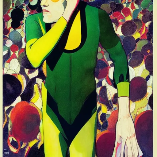 Image similar to art by joshua middleton, the creeper, a tall manically smiling yellow - skinned man with green and black striped trunks and wearing a red feather boa, mucha, kandinsky, poster, comic art, stylised design