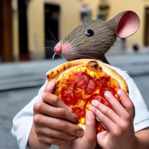 Image similar to italian mouse holding a pizza, photography