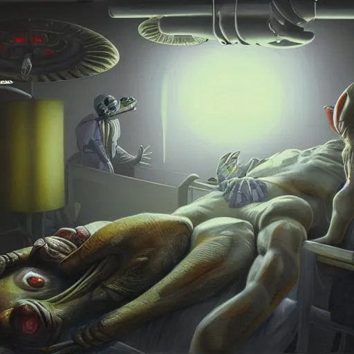 Prompt: primitive aliens caring for injured human at bedside, cinematic, worm's eye view, dramatic lighting, illustration, ron cobb, mike mignogna, science fiction, detailed painting, high detail, rough paper