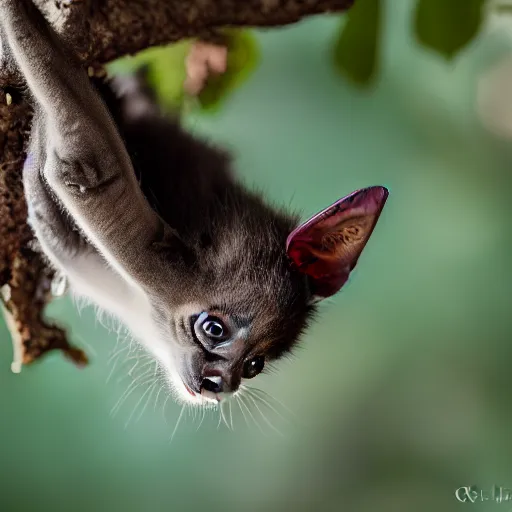 Image similar to a bat kitten, in a tree, Canon EOS R3, telephoto, very detailed, 4k