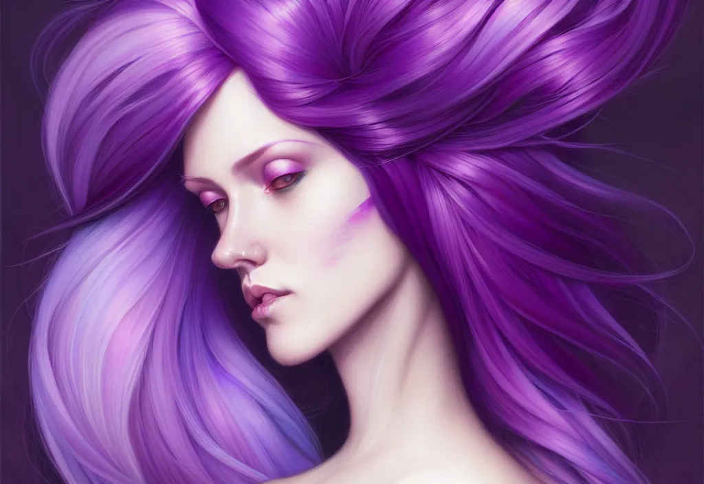 Image similar to Purple hair relistic Portrait of a two woman with bright colored flying hair, all shades of purple. Beauty face, Hair coloring, fantasy, intricate, elegant, highly detailed, digital painting, artstation, concept art, smooth, sharp focus, illustration, art by artgerm and greg rutkowski and alphonse mucha