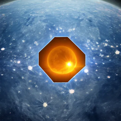 Image similar to hexagon sun shield floating in space, unreal engine, digital art, solar eclipse