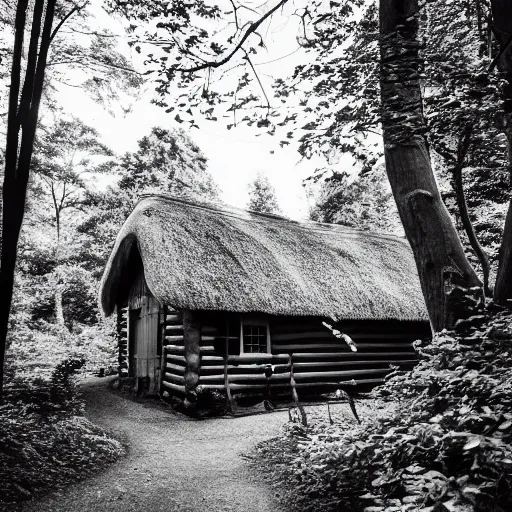 Prompt: black and white photo of a cottage in a beautiful forest