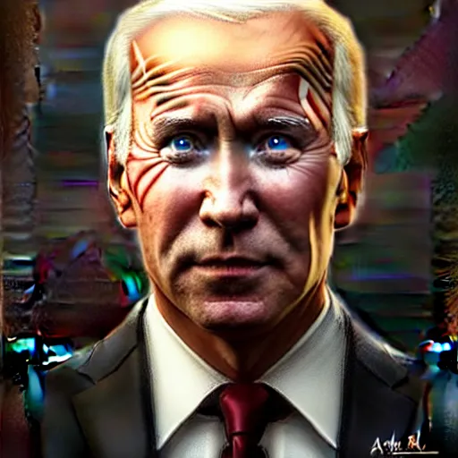 Image similar to Portrait of person, who has half a Putin\'s face and half of a Biden\'s face, D&D, face, fantasy, intricate, elegant, highly detailed, digital painting, artstation, concept art, smooth, sharp focus, illustration, art by artgerm and greg rutkowski and alphonse mucha