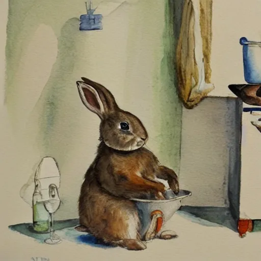 Prompt: a rabbit cooking in a french kitchen, watercolour realism