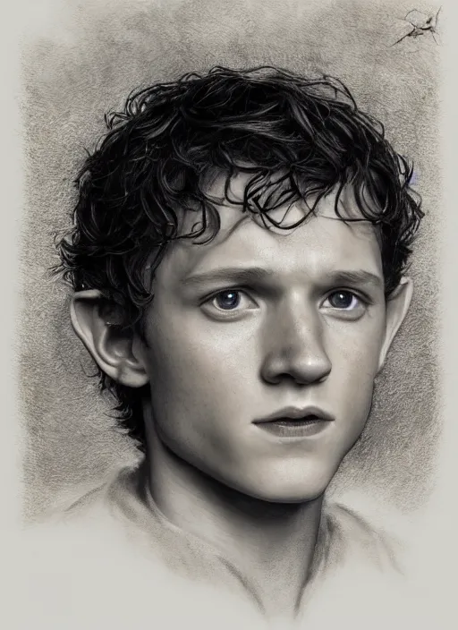 Prompt: portrait of tom holland as frodo, hobbit holding a gold ring with engravings, by alan lee, lord of the rings, smooth, detailed terrain, oil painting, matte painting, concept art, trending on artstation, promotional artwork, film still, elegant, photorealistic facial features, intricate, detailed face, cinematic lighting