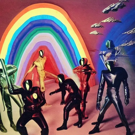 Prompt: time generals wearing chrome masks and red rick owens flight suits with their hands behind their backs inside the glowing geometric rainbow portal to the sixth dimension by frank frazetta