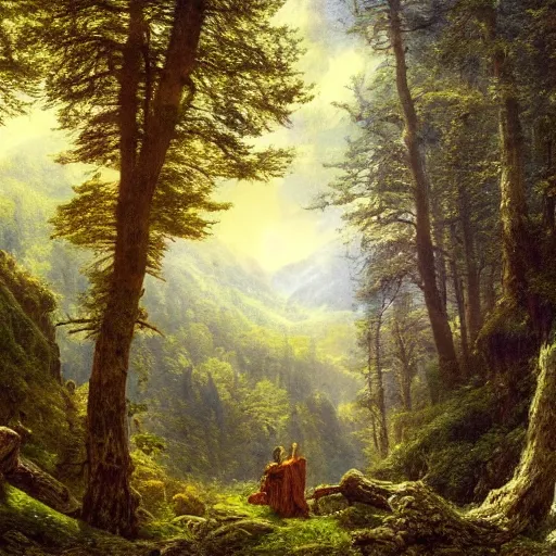 Image similar to a beautiful and highly detailed matte painting of a dreamy valley deep in the foresty mountains, epic forests, rivers, trees, flowers, crystals, intricate details, epic scale, insanely complex, 8 k, sharp focus, hyperrealism, very realistic, by caspar friedrich, albert bierstadt, james gurney, brian froud,