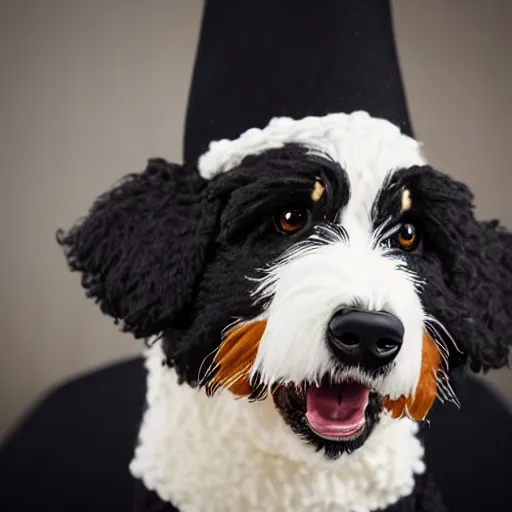 Image similar to a closeup photorealistic photograph of a cute smiling knitted bernedoodle judge dog dressed in a black gown, presiding over the courthouse. indoors, professional capture, well lit shot. this 4 k hd image is trending on artstation, featured on behance, well - rendered, extra crisp, features intricate detail, epic composition and the style of unreal engine.