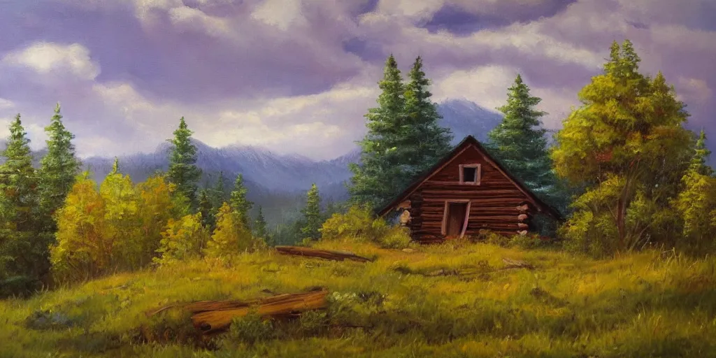 Image similar to a log cabin on a windy hillside, style of bob ross, oil painting,