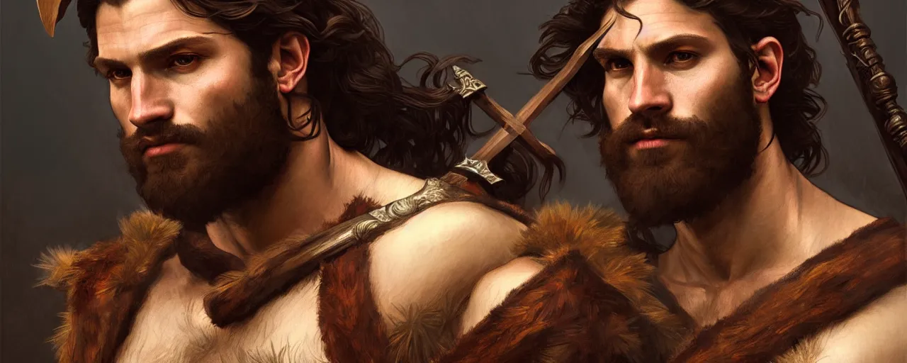 Image similar to renaissance upper body portrait of a gruff ranger with a spear, lean and toned, handsome face, hairy chest, D&D, intricate, elegant, highly detailed, digital painting, artstation, concept art, matte, sharp focus, illustration, art by da Vinci, Artgerm and Greg Rutkowski and Alphonse Mucha