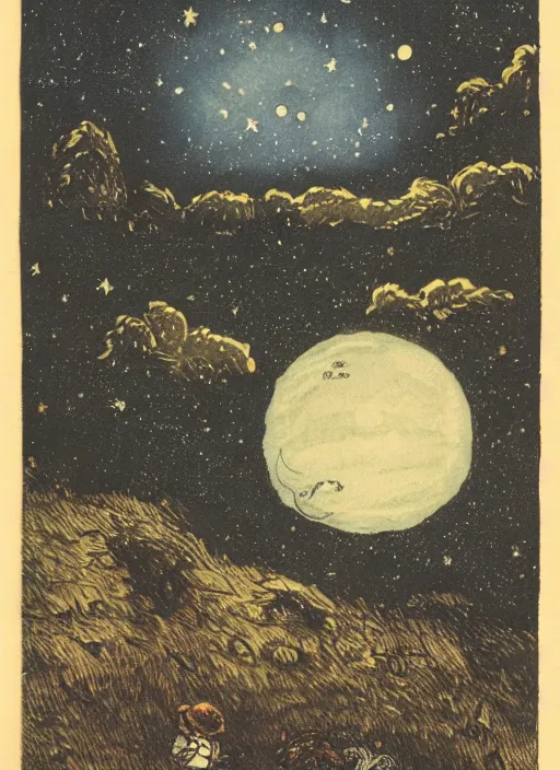 Image similar to night sky, stars, moon prominently in the center, surrounded by clouds, landscape, illustrated by peggy fortnum and beatrix potter and sir john tenniel