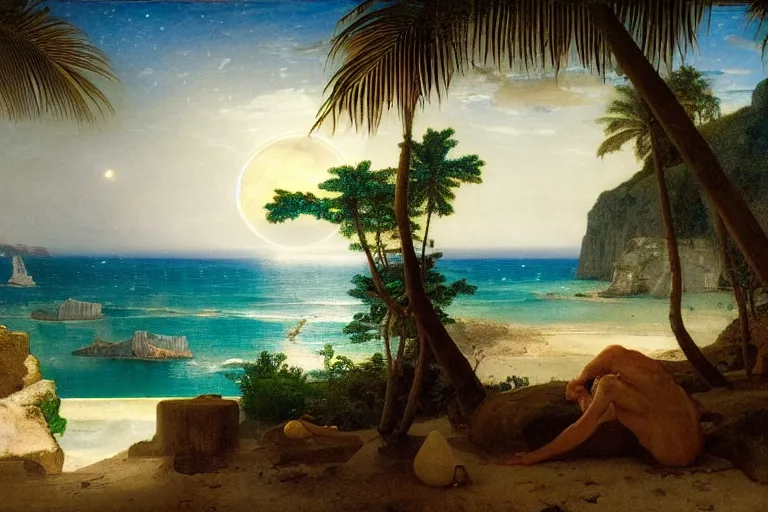 Image similar to The beach arch, refracted moon on the ocean, thunderstorm, greek pool, beach and Tropical vegetation on the background major arcana sky and occult symbols, by paul delaroche, hyperrealistic 4k uhd, award-winning, very detailed paradise