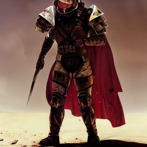 Prompt: a muscular soldier with vertical nose slits, angular eyebrows, wearing blood - spattered glossy sleek white dinged scuffed armor and a long torn red cape, heroic posture, battle - weary, strained expression, determined expression, no helmet, on the surface of mars, dramatic lighting, cinematic, sci - fi, hyperrealistic, detailed