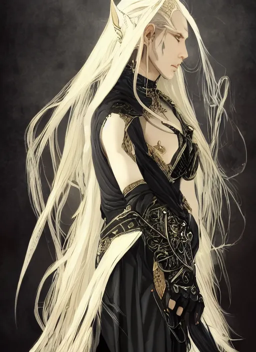 Image similar to Half body portrait of a beautiful elven healer with long straight black and blonde hair wearing ornate white and gold robe. In style of Yoji Shinkawa and Hyung-tae Kim, trending on ArtStation, dark fantasy, great composition, concept art, highly detailed, dynamic pose.