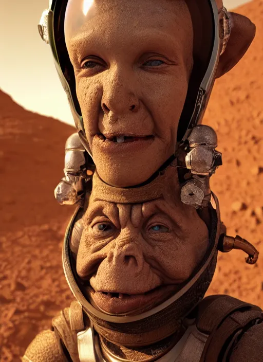 Prompt: group closeup portrait of medieval goblins wearing spacesuits on mars, depth of field, zeiss lens, detailed, symmetrical, centered, fashion photoshoot, by annie leibovitz and steve mccurry, david lazar, jimmy nelsson, breathtaking, 8 k resolution, extremely detailed, beautiful, establishing shot, artistic, hyperrealistic, beautiful face, octane render