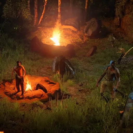 Image similar to spartan high on peyote at jungle campfire below full moon in the style of far cry primal and game of thrones, warm lighting, 8 k