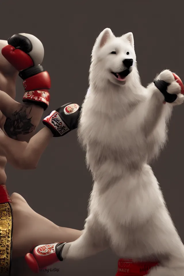 Image similar to samoyed dog head on a human body as a muay thai kickboxer, world championship fight, photorealistic, cinematic lighting, film still