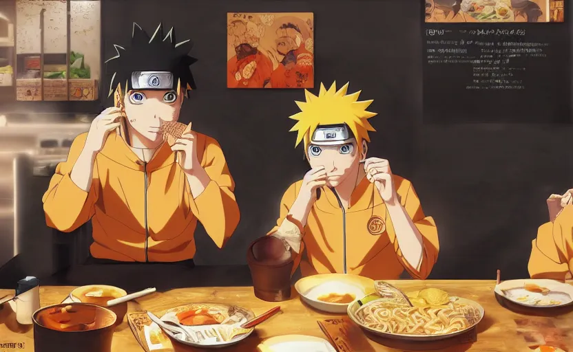 Prompt: Naruto Uzumaki eating ramen at ichiraku ramen shop, anime concept art by Makoto Shinkai, digital art, 4k, trending on pixiv