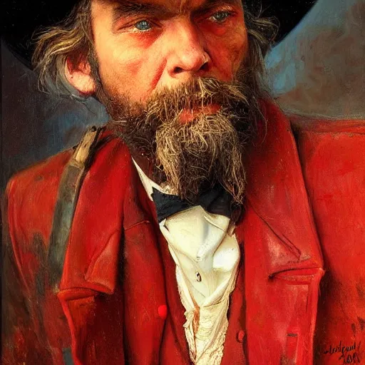 Prompt: Solomon Joseph Solomon and Richard Schmid and Jeremy Lipking victorian genre painting portrait painting of Hank Williams Sr a rugged cowboy gunfighter old west character in fantasy costume, red background