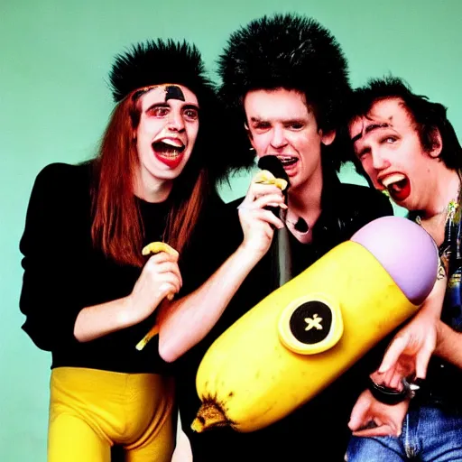 Image similar to 8 0 s punk rock band holding banana microphone, with banana costumed background singers, concert photo, getty images