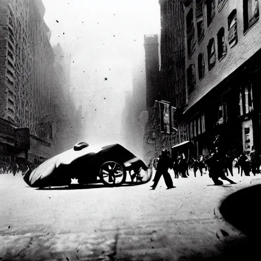 Prompt: old black and white photo, 1 9 1 3, depicting batmobile from dark knight rampaging through the bustling streets of new york city, rule of thirds, three - point perspective, historical record