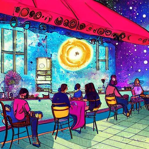 Prompt: Excited people watch from The Restaurant at the End of the Universe as the universe ends outside, space, digital art, colourful