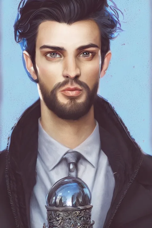 Image similar to portrait of a handsome man with black hair with sparkling blue eyes, art by Tomasz Ryger, Pablo Dobarro and Max Kostin, stylized, detailed, pastel colors, warm tones, Trending on artstation, artstationHD, artstationHQ, 4k, 8k