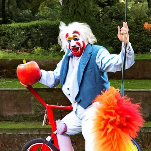 Image similar to einstein is wearing a clown outfit, he is riding a unicycle, he is eating an apple,