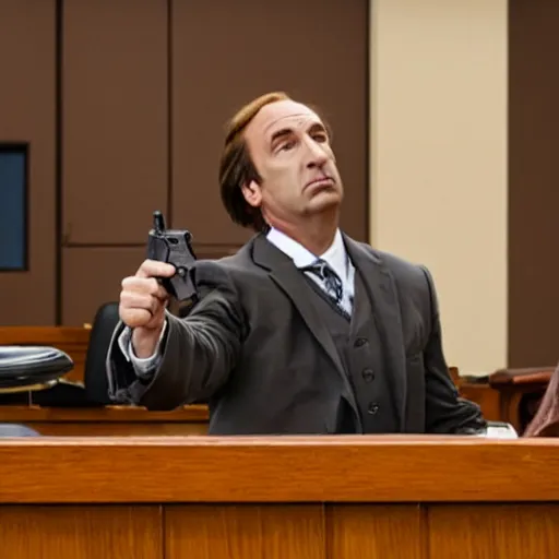 Prompt: saul goodman holding a handgun inside a courtroom, wide shot