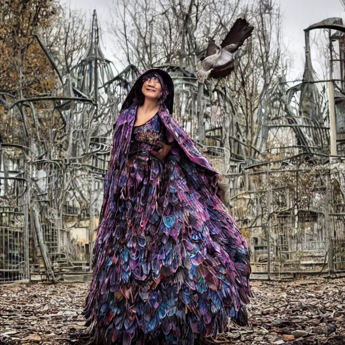 Prompt: a woman wearing a cloak made of birds, in an abandoned theme park, by omar z. robles, canon eos c 3 0 0, ƒ 1. 8, 3 5 mm, 8 k, medium - format print