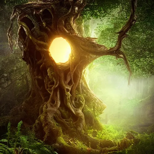 Prompt: ominous, errie portal to hell embedded in a terrifying tree in a densely overgrown jungle, fantasy, dreamlike sunraise, ultra realistic, atmospheric, stopped in time, epic