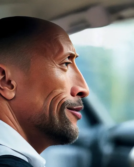 Prompt: film still close - up shot of dwayne johnson as a london cab driver. photographic, photography