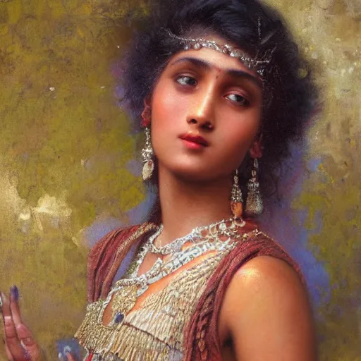 Image similar to detailed potrait 8 0 s srilankan girl with tatoos in baroque painting, girl graceful,, painting by gaston bussiere, craig mullins, j. c. leyendecker, lights, art by ernst haeckel, john william godward, hammershøi,,