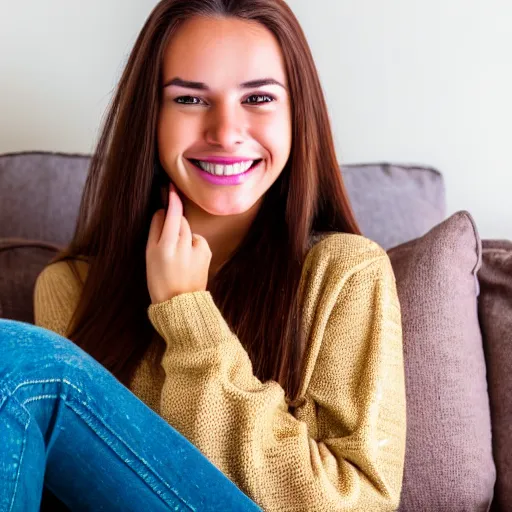 Image similar to a cute young woman smiling, long shiny bronze brown hair, full round face, green eyes, medium skin tone, light cute freckles, smiling softly, wearing casual clothing, relaxing on a modern couch, interior lighting, cozy living room background, medium shot, mid-shot, soft focus