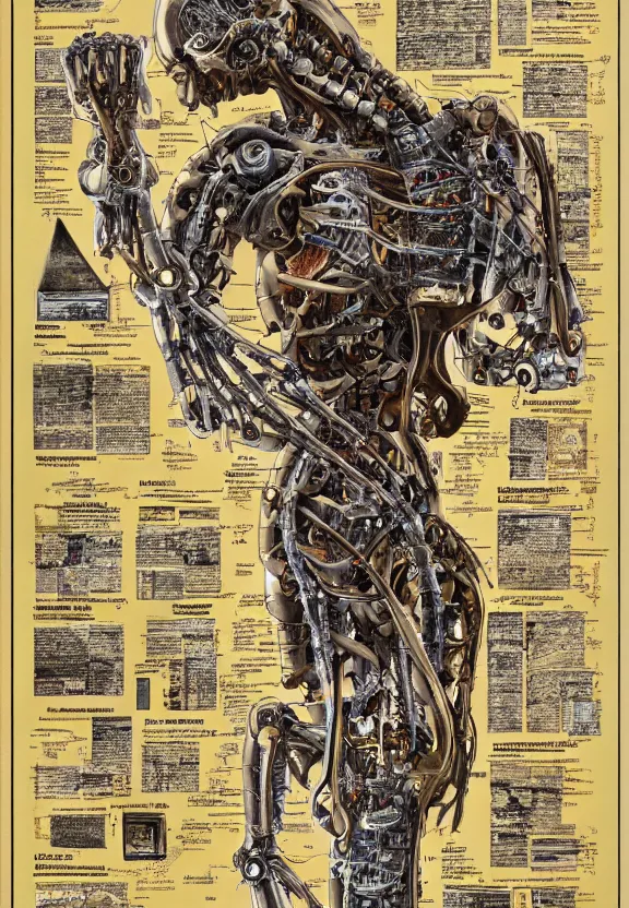 Prompt: highly detailed labeled medical anatomy poster of a robotic abomination, poster paper with notes, well - lit, ray tracing, detailed, mechanism, forbidden - knowledge, intricate details, gold and silver ink, by kentaro miura, marco bucci