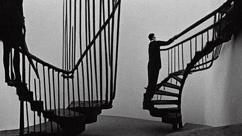 Image similar to a man building a winding staircase as he walks up it, film still from the movie directed by wes anderson with art direction by zdzisław beksinski and m. c. escher, wide lens