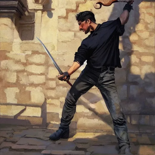 Image similar to greg manchess portrait of a man falling over a sword stuck between cobblestones, profile picture, organic painting, sunny day, matte painting, bold shapes, hard edges, street art, trending on artstation, by huang guangjian, gil elvgren, ruan jia, randy vargas, greg rutkowski