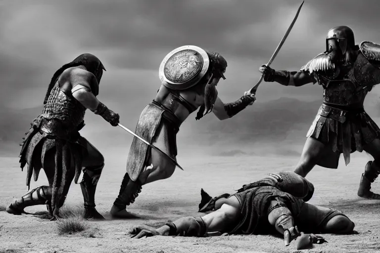 Prompt: cinematic monochromatic shot of an epic gladiator fight