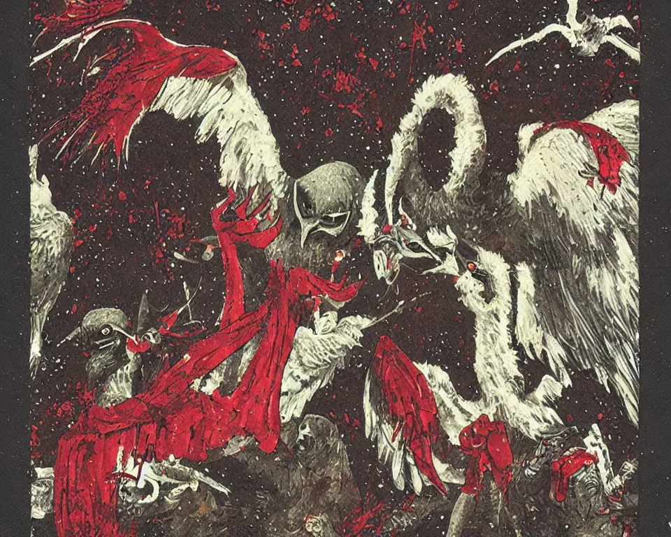 Image similar to a christmas card with a sinister demon and vultures, covered in blood