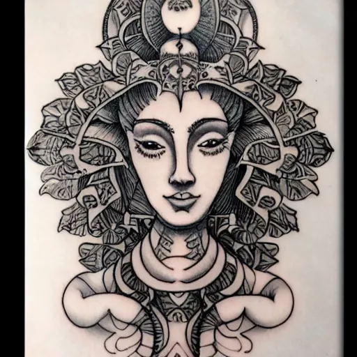 Image similar to detailed, tattoo design, portrait of medusa, surrounded by lotus flowers and geometry