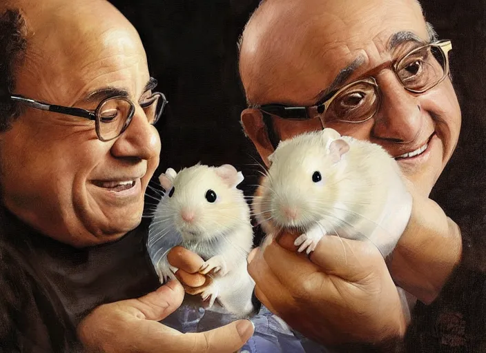 Image similar to a highly detailed beautiful portrait of danny devito with a hamster, by gregory manchess, james gurney, james jean