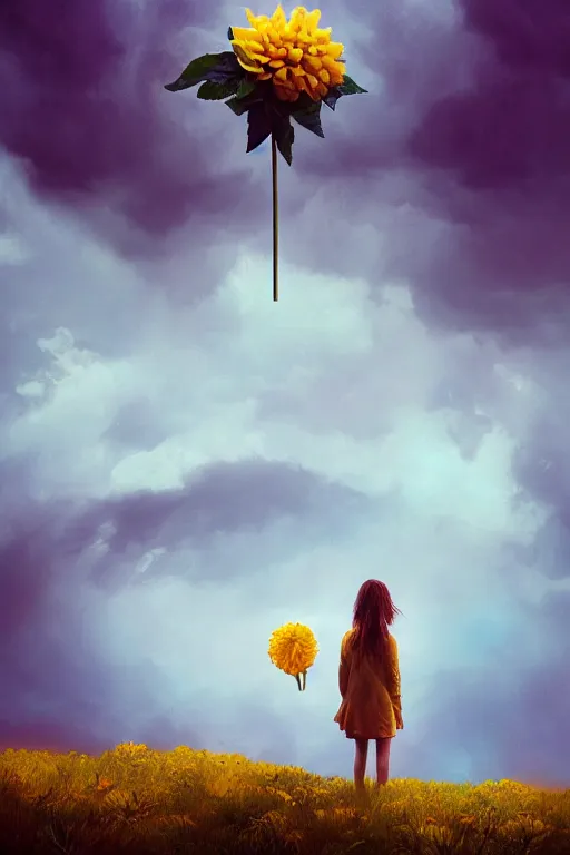 Image similar to closeup girl with giant yellow dahlia flower as head, standing on mountain, surreal photography, blue storm clouds, dramatic light, impressionist painting, digital painting, artstation, simon stalenhag