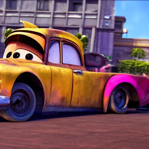 Image similar to mater from cars driving into a building, rubble, disney pixars cars, mater, unreal engine 5
