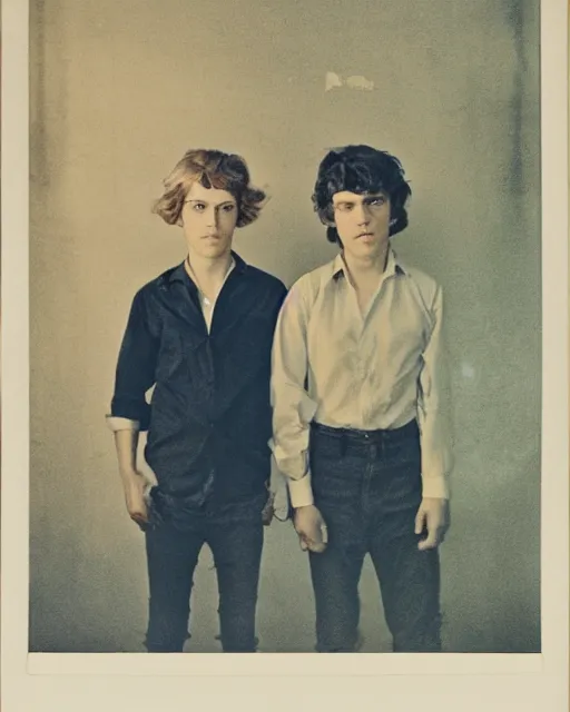 Image similar to an instant photo of two beautiful but sinister young men wearing oxford shirts in layers of fear, with haunted eyes and dark hair, 1 9 7 0 s, seventies, wallpaper, a little blood, morning light showing injuries, delicate embellishments, painterly, offset printing technique, by brom, robert henri, walter popp