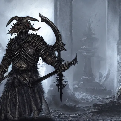 Image similar to Two headed goblin dark souls boss wielding a greatsword inside a decaying ancient fantasy temple. He wears silver armor, trending on artstation, dark fantasy, concept art