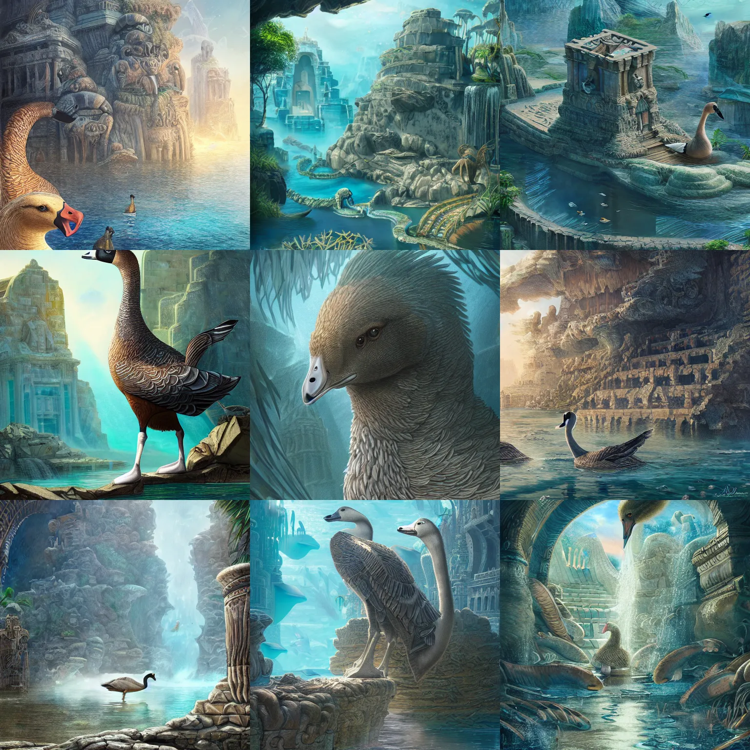 Prompt: a goose discovering the lost city of atlantis, artstation, by Sakimichan, intricate, elegant, highly detailed, digital painting, smooth, sharp focus
